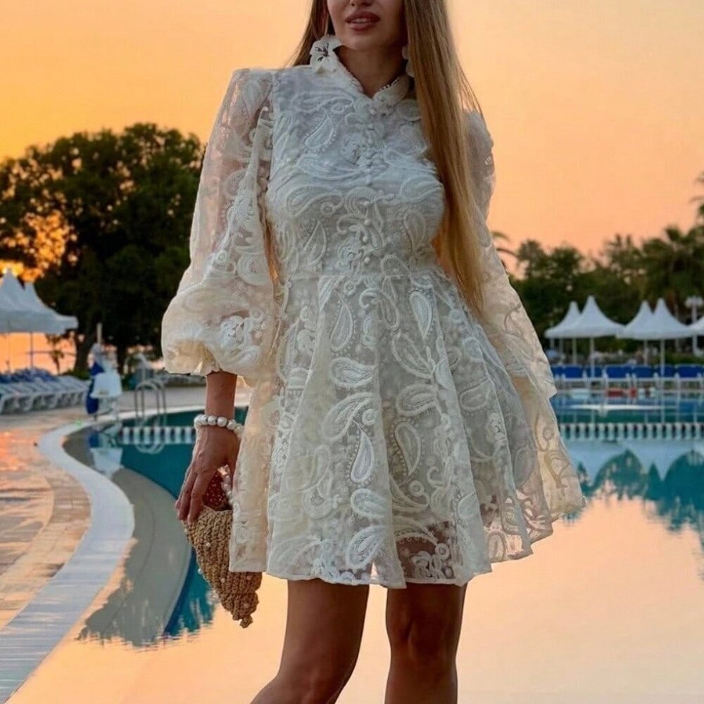 Apricot Elegant Women's Christmas Dress with Stand Collar & Floral Embroidery